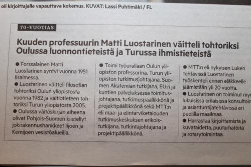 Forssan Lehti 10.07. 2021. Matti Luostarinen 70 years old. 